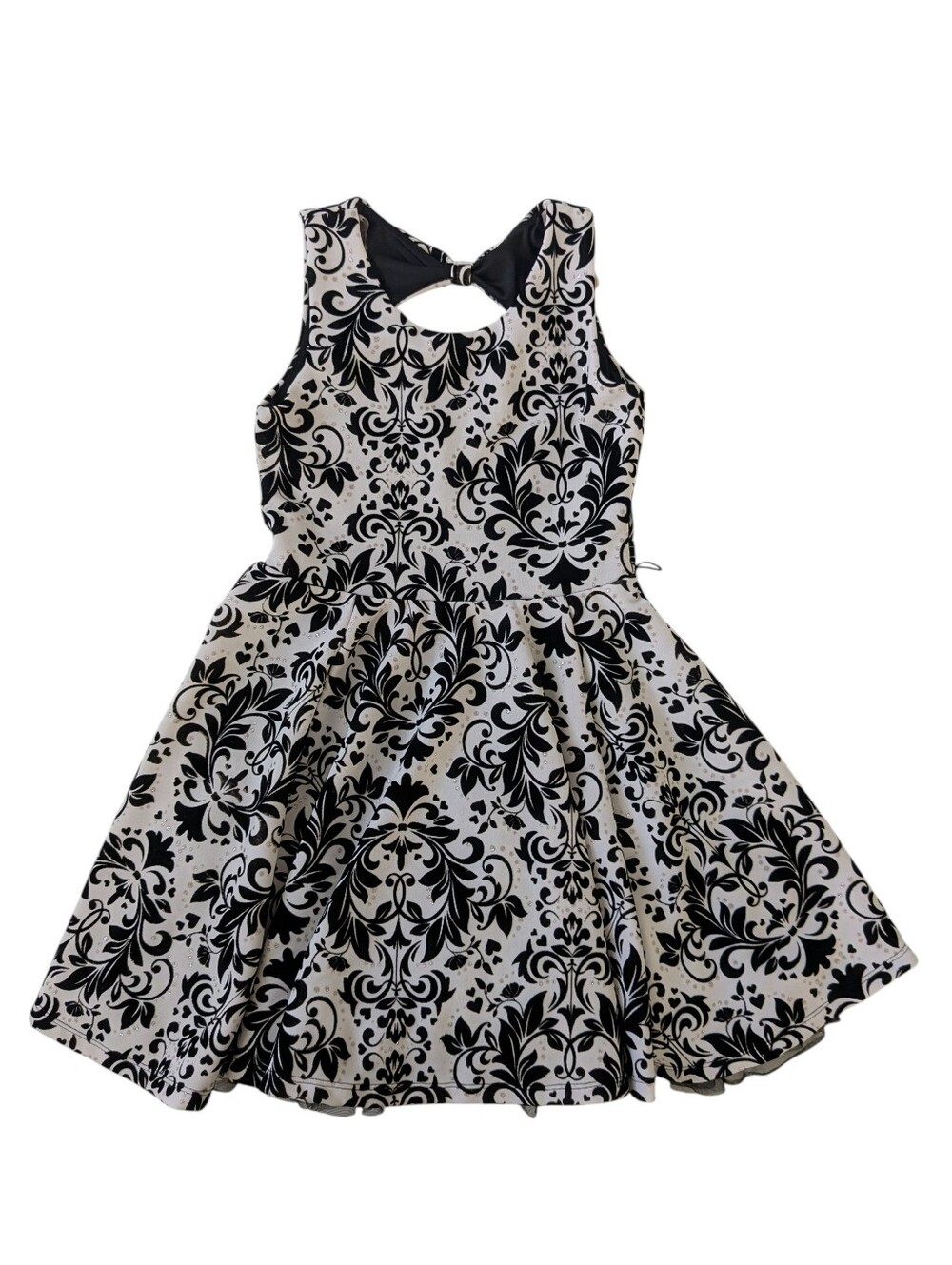 Beautees White & Black Damask Velvet Fit & Flare Dress - Sz 8